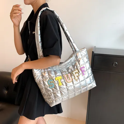 Damen Große Kapazität Gesteppte Puffer Tote Tasche PU Leder Raum Daunen Baumwolle Umhängetasche Lässige Pendler Tasche