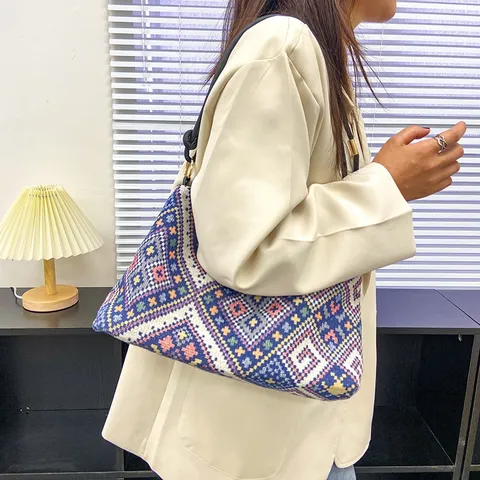 Damen Segeltuch Umhängetasche Street-Trend Große Kapazität Casual Tote Bag Retro Bedruckte Unterarmtasche Tägliche Pendler Handtasche