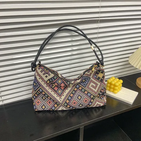 Damen Segeltuch Umhängetasche Street-Trend Große Kapazität Casual Tote Bag Retro Bedruckte Unterarmtasche Tägliche Pendler Handtasche