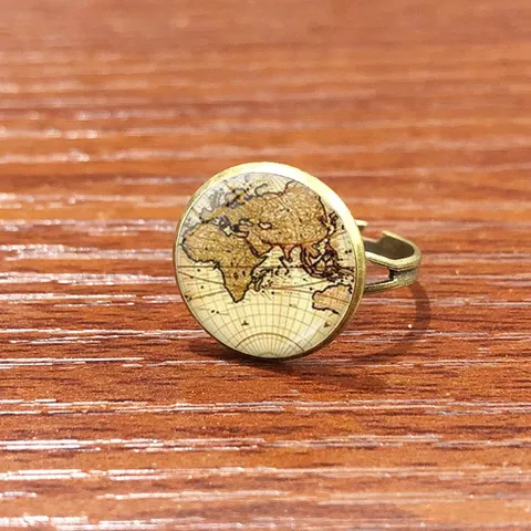 Bague Réglable Ouverte Vintage Carte de la Terre Gemme du Temps Bronze Antique Cuivre Mappemonde Bague Cabochon en Verre pour Unisexe Bijoux Rétro Cadeau