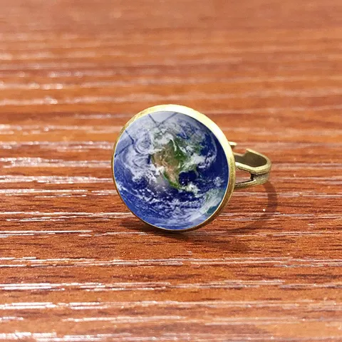 Bague Réglable Ouverte Vintage Carte de la Terre Gemme du Temps Bronze Antique Cuivre Mappemonde Bague Cabochon en Verre pour Unisexe Bijoux Rétro Cadeau