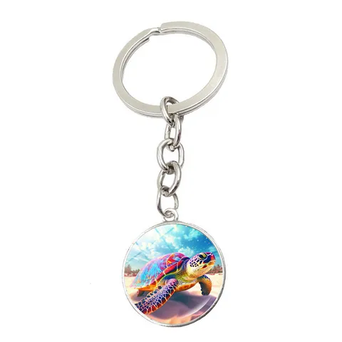 Sea Turtle Keychain Time Gem Marine Life Pendant Zinc Alloy Glass Key Ring For Bag Charm Decoration Travel Souvenir Gift Jewelry