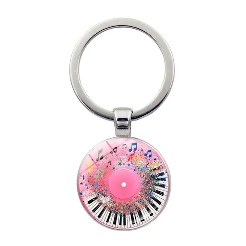 Retro Zinc Alloy Vinyl Record Glass Cabochon Keychain Music Theme Notes Piano Key Key Ring Charm Pendant Car Bag Accessory Gift