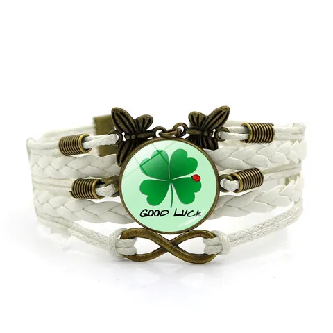 Retro Legierung Vierblättriges Kleeblatt Geflochtenes Lederarmband Mehrlagig Lucky Good Luck Charm Armband Für Damen Herren Schmuck