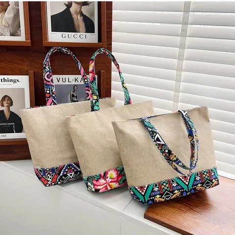 Mujeres Moda Estilo Étnico Algodón Lona Bolso Tote Gran Capacidad Casual Bolso Hombro Tejido Mosaico Bolso Mano