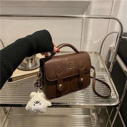 Vintage PU Leder Mini Satchel Tasche Für Frauen Umhängetasche Kleine Quadratische Tasche Süß Bär Dekor Casual Schultertasche Handtasche