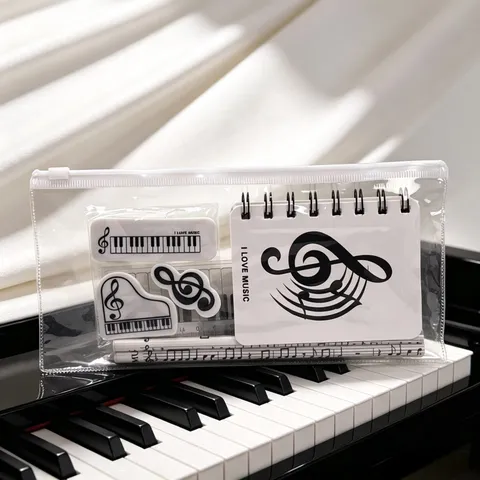 Set de Papelería Musical Regalo Estudiante Piano Notas Lápiz Borrador Regla Bolsa Transparente con Cremallera Escuela Oficina