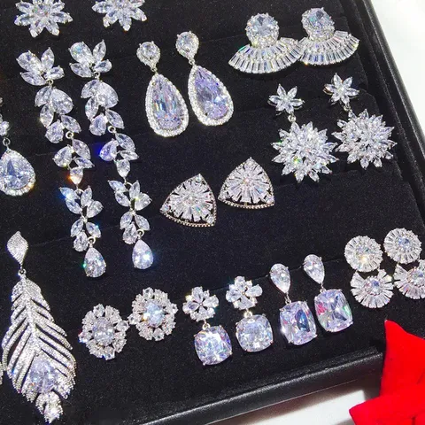 Elegant Metal Zirconia Feather Tassel Drop Earrings For Women Silver Earring Post Luxury Banquet Bowknot Earrings Jewelry
