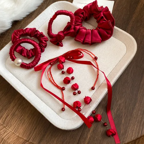 New Year Red Fabric Bowknot Scrunchies Elastic Hair Bands Fashion Flower Hair Ties Streamer Ponytail Holder Headwear For Women Jewelry