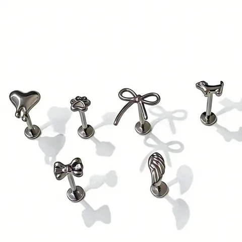 G23 Titanium Alloy Lip Ring Flat Back Labret Piercing Jewelry Internal Thread Bowknot Heart Puppy Dog Cat Paw Feather Stud Earrings For Women Men Body Jewelry