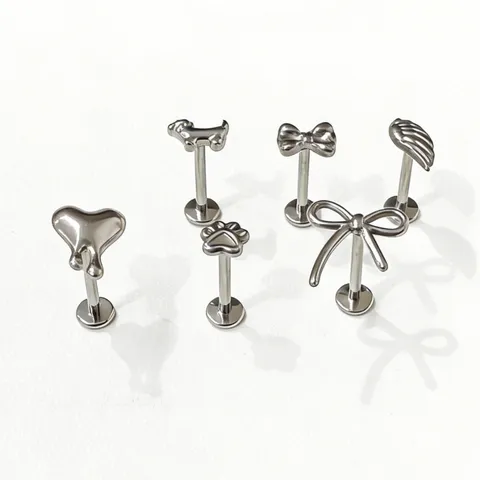 G23 Titanium Alloy Lip Ring Flat Back Labret Piercing Jewelry Internal Thread Bowknot Heart Puppy Dog Cat Paw Feather Stud Earrings For Women Men Body Jewelry