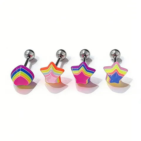 Acrylic Resin Colorful Star Heart Tongue Rings Stainless Steel Eyebrow Piercing Belly Button Rings Rainbow Stripe Body Jewelry For Unisex