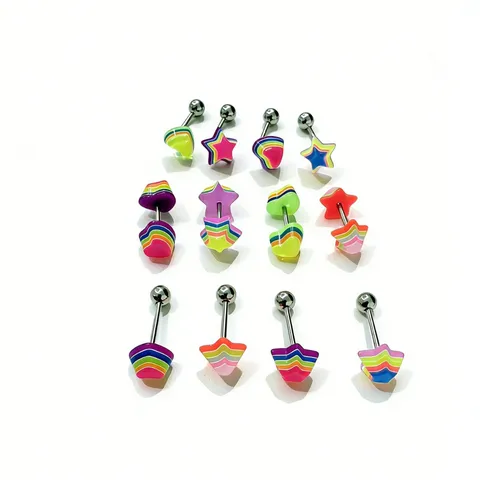 Acrylic Resin Colorful Star Heart Tongue Rings Stainless Steel Eyebrow Piercing Belly Button Rings Rainbow Stripe Body Jewelry For Unisex