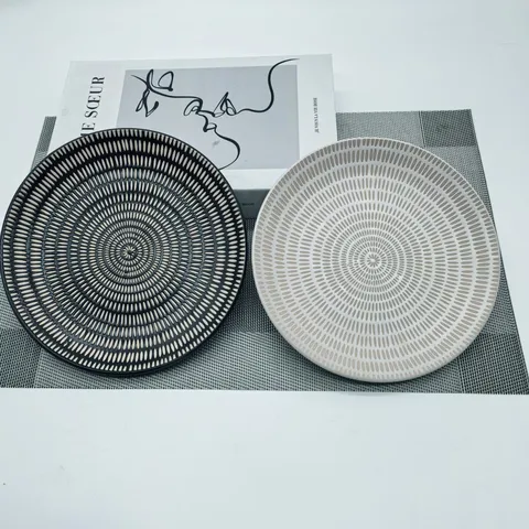 Rétro Céramique Assiette Plate Vintage Relief Géométrique Rayé Rond Plat De Service Pour Maison Hôtel Restaurant Cuisine Vaisselle