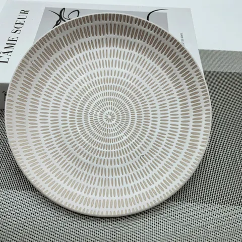 Assiette Plate en Céramique Style Japonais Salade Ronde Sous Glaçure Créative Motif Rayures Géométriques Plat en Porcelaine pour Maison Cuisine Restaurant Vaisselle