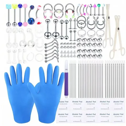 Stainless Steel Acrylic Body Piercing Kit Eyebrow Lip Nose Belly Ring Needles Clamps Gloves Alcohol Pads Tools Set Jewelry