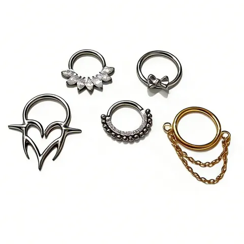 Titanium Alloy Rhinestone Septum Clicker Hinged Nose Ring Hoop Heart Bowknot Chain Tassel Body Piercing Jewelry For Men Women