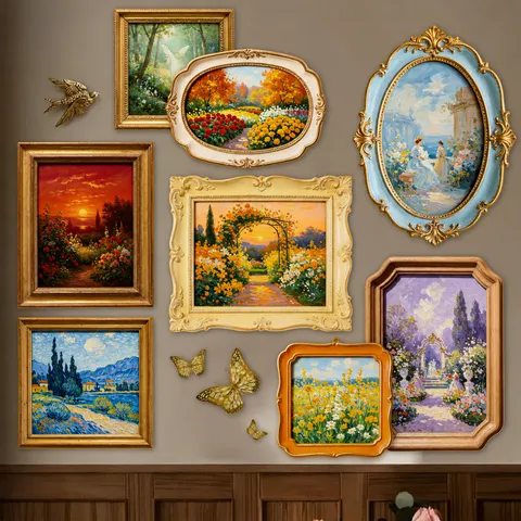 Pegatinas de Marco de Pintura al Óleo Vintage Retro Estética Paisaje Floral Decorativo para Bricolaje Álbum de Recortes Diario Papelería Pegatinas