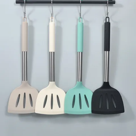 Large Silicone Slotted Turner With Stainless Steel Handle Heat Resistant Non-Stick Kitchen Turner Spatula For Cooking Frying Home Restaurant