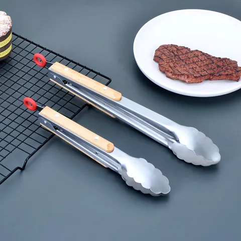 Moderne Pinze per Alimenti in Acciaio Inossidabile Con Manico in Legno Resistente al Calore Design Con Clip di Bloccaggio Pinze da Cucina per Grigliare Bistecca Barbecue Campeggio