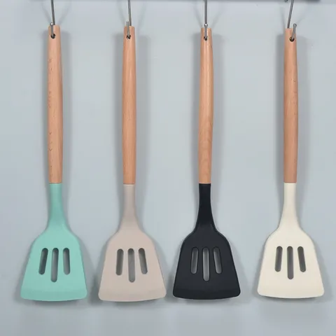 Modern Minimalistisch Silikon Pfannenwender Mit Buchenholz Langer Holzgriff Hitzebeständig Antihaft Freundlich Kochspatel Für Küche Heimkochen