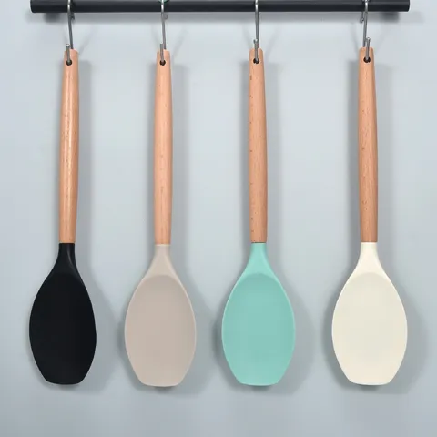 Modern Minimalist Silicone Baking Scraper Cream Spatula Salad Spoon Cooking Baking Tools Heat Resistant Wooden Handle Spatula Kitchen Cake Pastry Utensil
