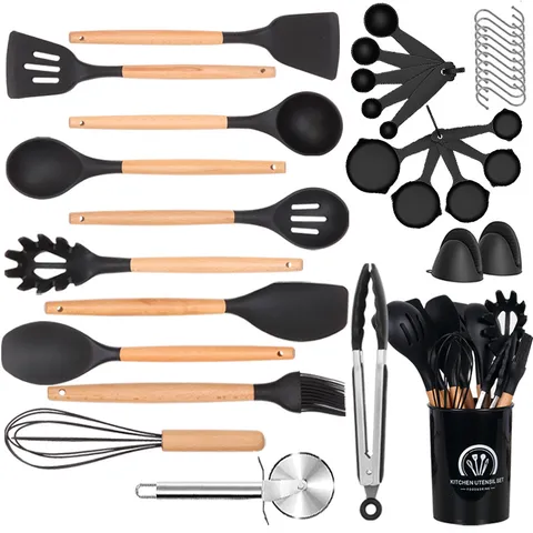 Modern Minimalistisch Hitzebeständig Silikon Küchenhelfer Set Mit Holzgriff Antihaft Kochlöffel Pfannenwender Set Für Alltägliche Familie Kochen