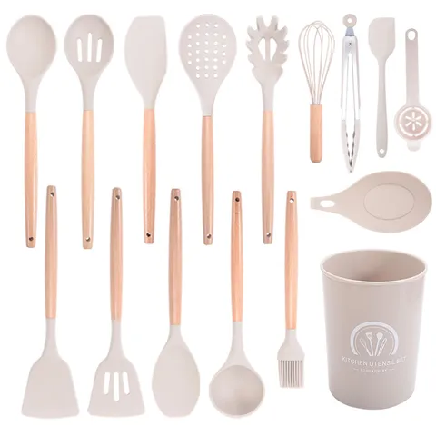Modern Silicone Kitchen Utensil Set With Wooden Handle Non-Stick Heat Resistant Cooking Spoon Spatula Turner Tools Box Pack