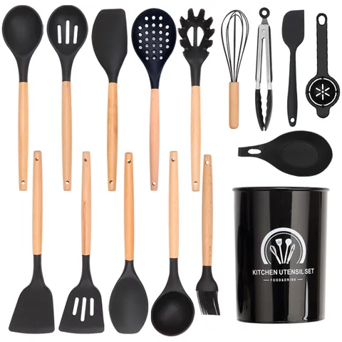 Modern Silicone Kitchen Utensil Set With Wooden Handle Non-Stick Heat Resistant Cooking Spoon Spatula Turner Tools Box Pack