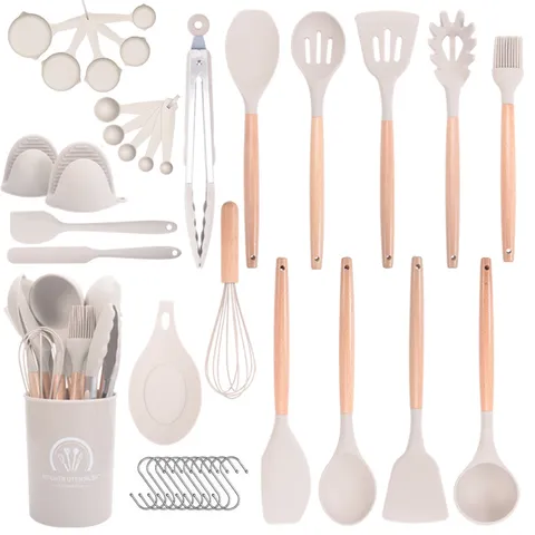 Heat Resistant Silicone Kitchen Utensils Set With Beech Wood Handle Non Stick Cooking Spoon Spatula Turner Cooking Tools Set With Holder