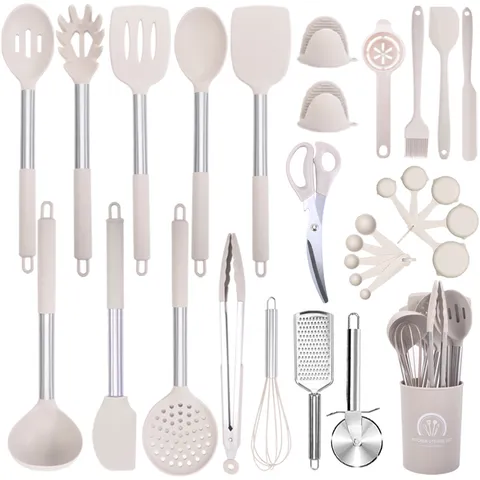 Modern Minimalistisch Hitzebeständig Silikon Küchenhelfer Set Mit Edelstahlgriff Antioxidativ Kochen Löffel Pfannenwender Werkzeuge Set Für Küche