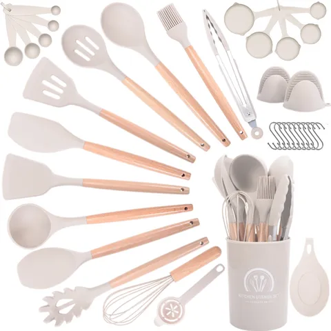 Hitzebeständiges Silikon Küchenhelfer Set Mit Buchenholzgriffen Antihaft Kochlöffel Wender Set Für Küche Kochen Zuhause