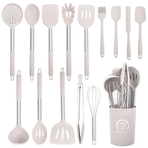 Modern Minimalistisch Silikon Küchenhelfer Set Mit Edelstahlgriff Antinhaft Hitzebeständig Kochwerkzeuge Für Heimküche