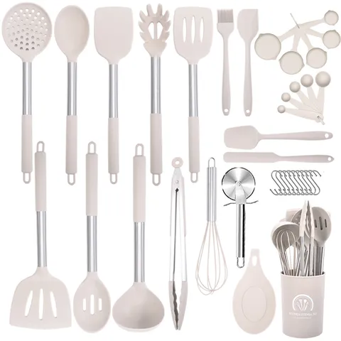Ensemble d'Ustensiles de Cuisine en Silicone Résistant à la Chaleur Manche en Acier Inoxydable Spatule Cuillère Fouet Pinces