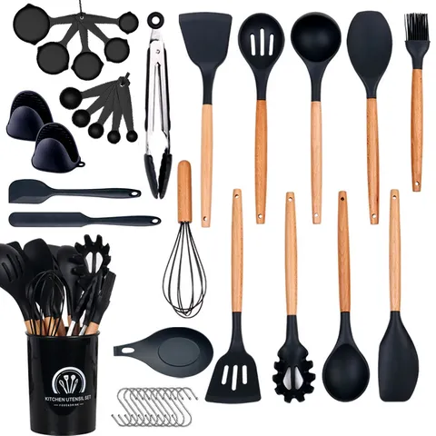 Heat Resistant Silicone Kitchen Utensils Set With Beech Wood Handle Non Stick Cooking Spoon Spatula Turner Cooking Tools Set With Holder