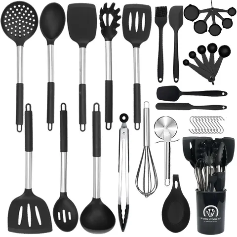 Ensemble d'Ustensiles de Cuisine en Silicone Résistant à la Chaleur Manche en Acier Inoxydable Spatule Cuillère Fouet Pinces