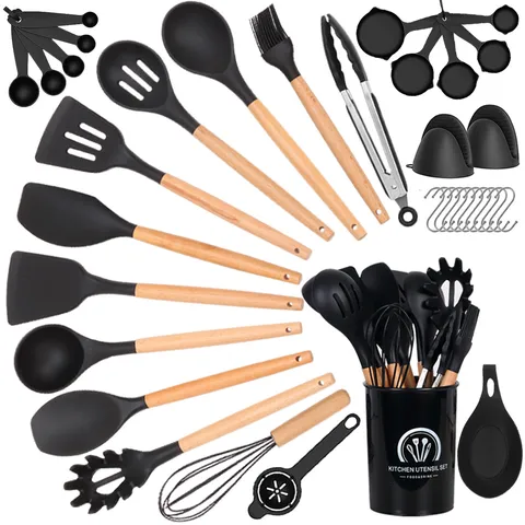 Hitzebeständiges Silikon Küchenhelfer Set Mit Buchenholzgriffen Antihaft Kochlöffel Wender Set Für Küche Kochen Zuhause