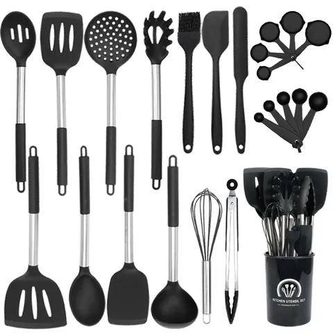 Hitzebeständiges Silikon Küchenutensilien Edelstahl Griff Antihaft Kochen Löffel Pfannenwender Zange Schneebesen Messbecher Aufbewahrungseimer Küchenwerkzeuge