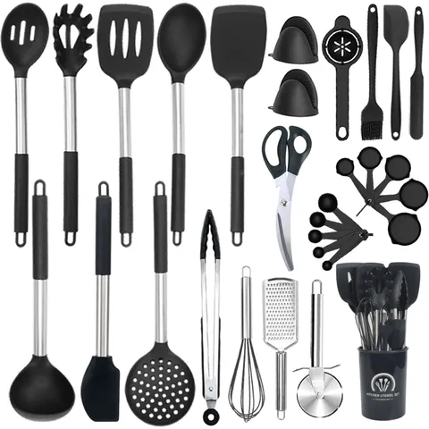 Modern Minimalistisch Hitzebeständig Silikon Küchenhelfer Set Mit Edelstahlgriff Antioxidativ Kochen Löffel Pfannenwender Werkzeuge Set Für Küche