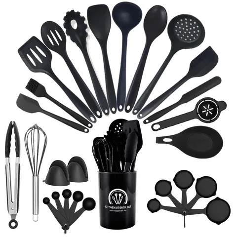 Heat Resistant Silicone Stainless Steel Kitchen Utensils Storage Bucket Nonstick Cooking Spoon Spatula Turner Tongs Whisk Tools