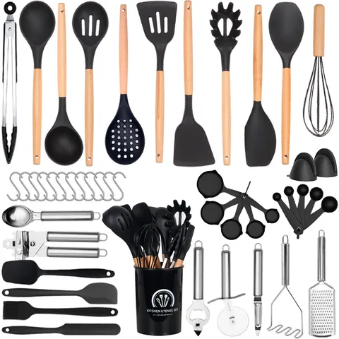 Modern Heat Resistant Silicone Kitchen Utensil Set With Beechwood Handle Non-Stick Cooking Spoon Spatula Turner Gadgets For Kitchen Daily Chef Unisex Gift