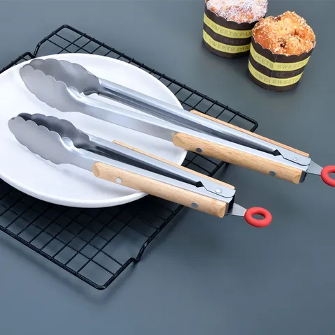 Moderne Pinze per Alimenti in Acciaio Inossidabile Con Manico in Legno Resistente al Calore Design Con Clip di Bloccaggio Pinze da Cucina per Grigliare Bistecca Barbecue Campeggio