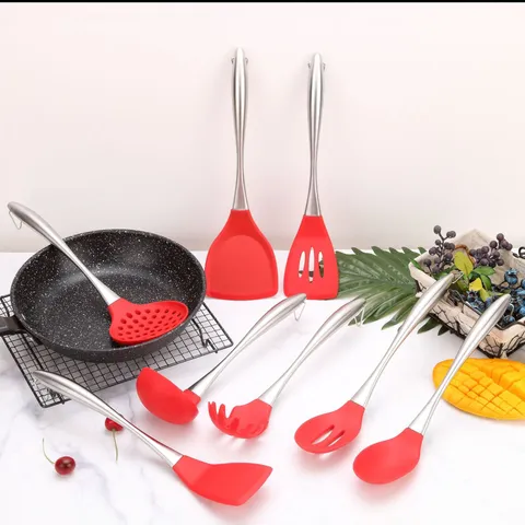 Juego de Utensilios de Cocina de Acero Inoxidable y Silicona Antiadherente Resistente al Calor Espátula Cuchara de Sopa Colador Herramienta de Cocina