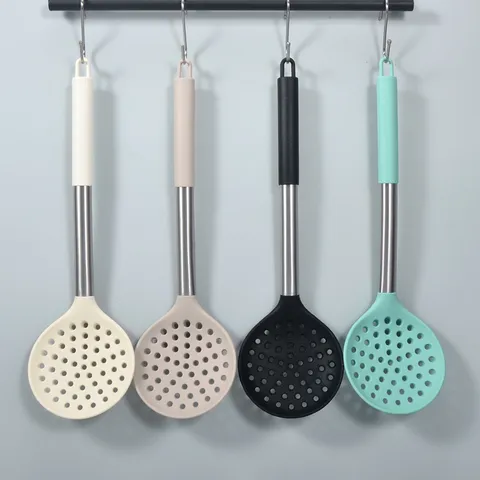 Silicone Big Slotted Spoon Heat Resistant Stainless Steel Tube Handle Cooking Skimmer Colander Non Stick Kitchen Pot Food Strainer Ladle