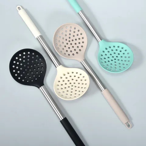 Silicone Big Slotted Spoon Heat Resistant Stainless Steel Tube Handle Cooking Skimmer Colander Non Stick Kitchen Pot Food Strainer Ladle