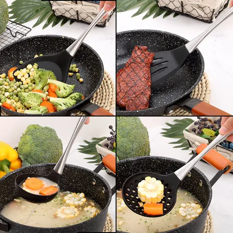 Juego de Utensilios de Cocina de Acero Inoxidable y Silicona Antiadherente Resistente al Calor Espátula Cuchara de Sopa Colador Herramienta de Cocina