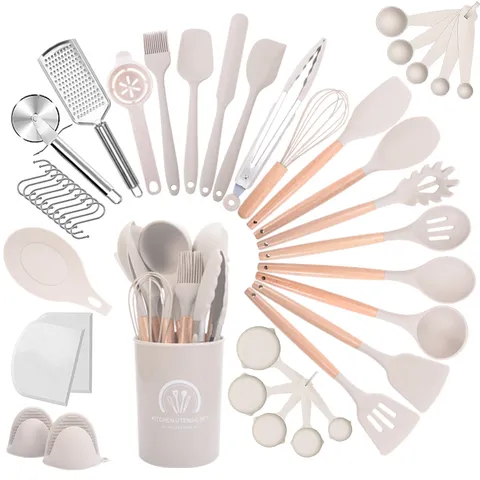 Modern Minimalistisch Hitzebeständig Silikon Buchenholz Küchenhelfer Set Antihaft Spachtel Löffel Kochwerkzeuge Mit Aufbewahrungseimer