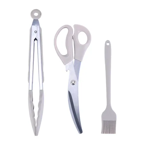 Stainless Steel And Silicone BBQ Tool Set Kitchen Food Tongs Scissors And Oil Brush For Outdoor Grilling Cooking