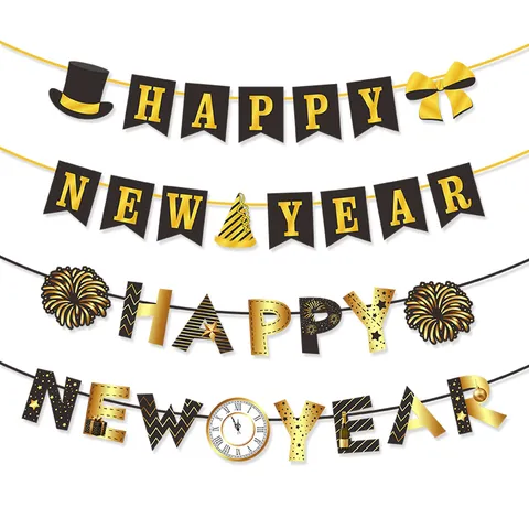 Pancarta de Feliz Año Nuevo Negro Dorado Guirnalda Banderines Reloj Moño Sombrero de Copa Banderas de Papel Estampado para Decoración Fiesta