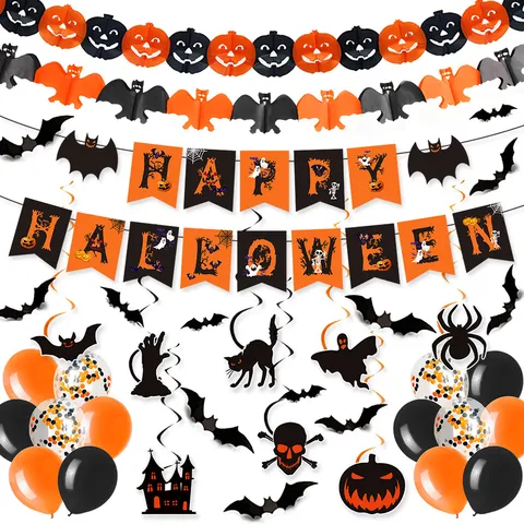 Suministros de Decoración de Fiesta Temática de Halloween Pancarta de Murciélago de Calabaza de Dibujos Animados Guirnalda de Papel Adornos Colgantes en Espiral Globos de Látex Juego para Decoración del Hogar del Centro Comercial del Festival